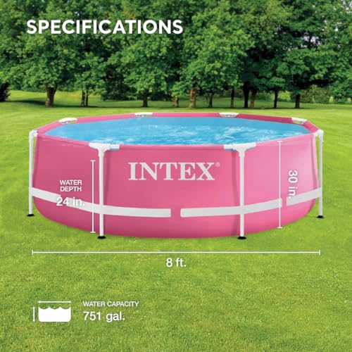 Intex 28290EH 8 Feet by 30 Inches Easy to Assemble Large Round Metal Frame Above Ground Swimming Pool with Dual Suction Outlet Fittings, Pink