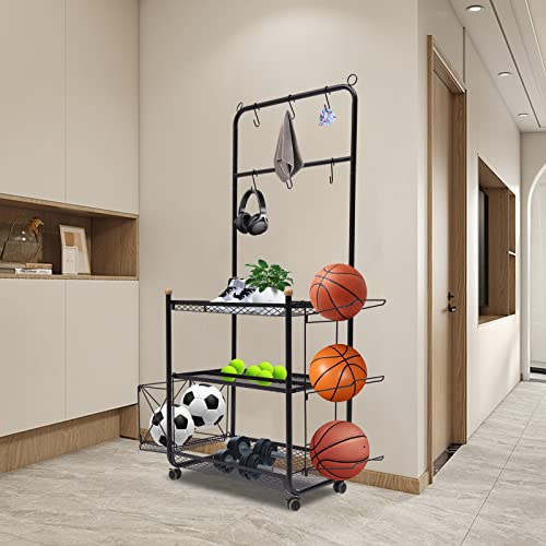 Garage Sports Equipment Organizer,Ball Storage Rack,Garage Ball Organizer Holder with Baskets and Hooks,Heavy Duty Steel Storage Cart