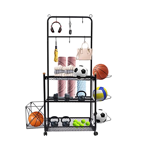 Garage Sports Equipment Organizer,Ball Storage Rack,Garage Ball Organizer Holder with Baskets and Hooks,Heavy Duty Steel Storage Cart