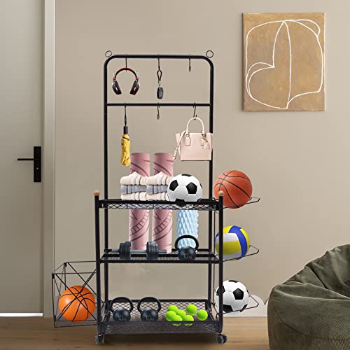 Garage Sports Equipment Organizer,Ball Storage Rack,Garage Ball Organizer Holder with Baskets and Hooks,Heavy Duty Steel Storage Cart