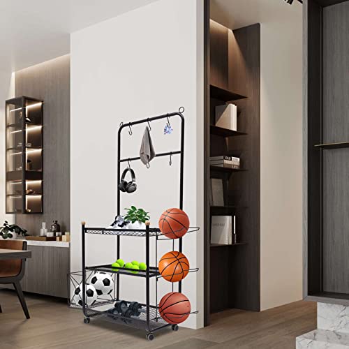 Garage Sports Equipment Organizer,Ball Storage Rack,Garage Ball Organizer Holder with Baskets and Hooks,Heavy Duty Steel Storage Cart