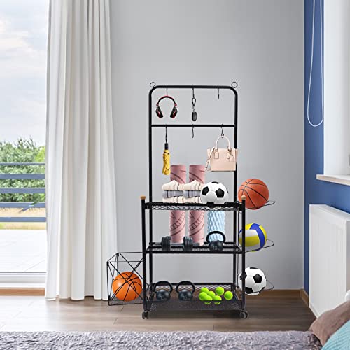 ZHFEISY Sports Equipment Storage Rack 3-Tier Sports Equipment Storage for Garage Garage Storage System with Wheels for Game Room Garage Yard