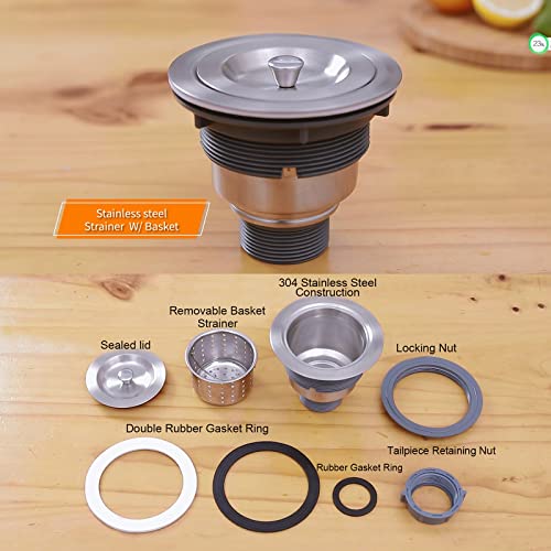 Kitchen Sink Drain Assembly Kit, Orlando 3-1/2 Inch Sink Strainer Removable Deep Waste Basket with Sink Stopper/Sealing Lid, 304 Stainless Steel