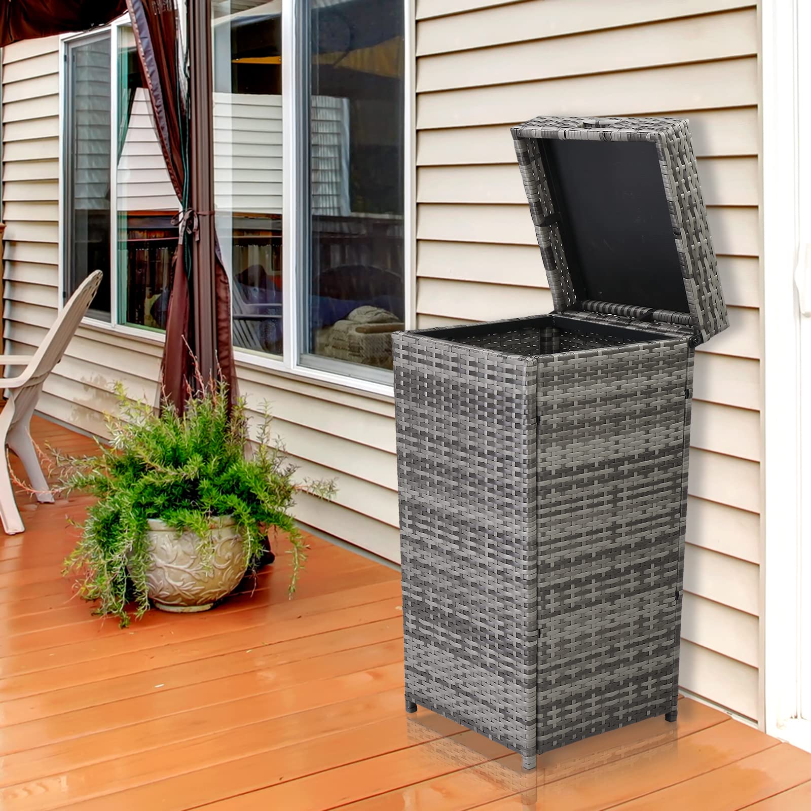 HomVent 26.7 Gallon Hideaway Can, Outdoor Wicker Trash Bin Rattan Patio Waste Basket with Lid, Wicker Recycling Basket Patio Trash Can for Backyard, Deck, Poolside (Gray)