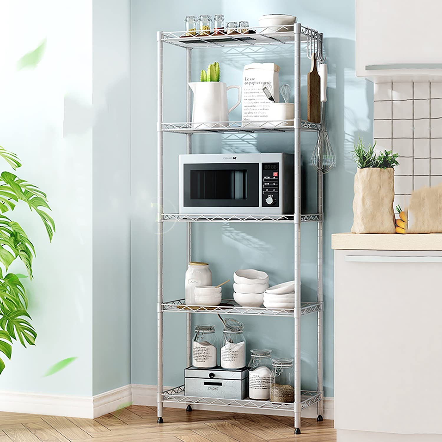 OMKUOSYA 5 Tier Storage Racks and Shelving - Heavy Duty Steel Pantry Shelves - Each Unit Loads 120 Pounds Wire Rack Shelf, Suitable for Kitchen, Bathroom, Closet, Warehouse - Silver
