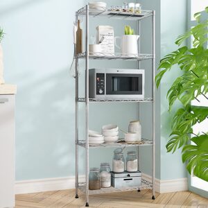 OMKUOSYA 5 Tier Storage Racks and Shelving - Heavy Duty Steel Pantry Shelves - Each Unit Loads 120 Pounds Wire Rack Shelf, Suitable for Kitchen, Bathroom, Closet, Warehouse - Silver