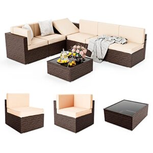 pamapic outdoor sectional furniture for 6,wicker patio furniture,all-weather brown pe rattan sectional sofa, conversation set with suntan washable cushions covers and coffee table for garden
