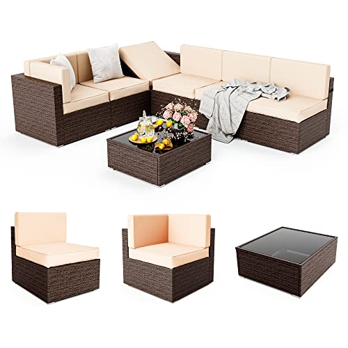 Pamapic Outdoor Sectional Furniture for 6,Wicker Patio Furniture,All-Weather Brown PE Rattan Sectional Sofa, Conversation Set with Suntan Washable Cushions Covers and Coffee Table for Garden