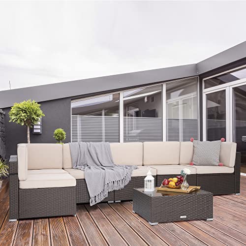 Pamapic Outdoor Sectional Furniture for 6,Wicker Patio Furniture,All-Weather Brown PE Rattan Sectional Sofa, Conversation Set with Suntan Washable Cushions Covers and Coffee Table for Garden