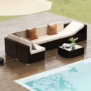 Pamapic Outdoor Sectional Furniture for 6,Wicker Patio Furniture,All-Weather Brown PE Rattan Sectional Sofa, Conversation Set with Suntan Washable Cushions Covers and Coffee Table for Garden