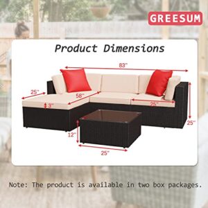 Greesum Patio Furniture Sets 5 Piece Outdoor Wicker Rattan Sectional Sofa with Cushions, Pillows & Glass Table, Beige