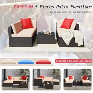 Greesum Patio Furniture Sets 5 Piece Outdoor Wicker Rattan Sectional Sofa with Cushions, Pillows & Glass Table, Beige