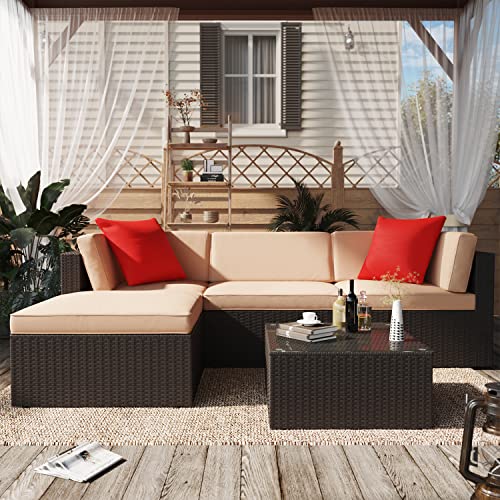 Greesum Patio Furniture Sets 5 Piece Outdoor Wicker Rattan Sectional Sofa with Cushions, Pillows & Glass Table, Beige