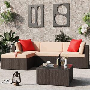 Greesum Patio Furniture Sets 5 Piece Outdoor Wicker Rattan Sectional Sofa with Cushions, Pillows & Glass Table, Beige