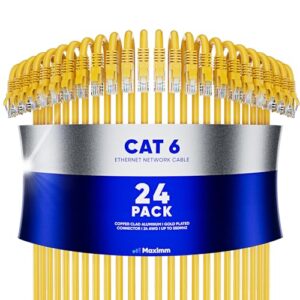 maximm cat 6 ethernet cable 8 ft, (24-pack) cat6 cable, lan cable, internet cable, patch cable and network cable - utp (yellow) 8 feet ethernet cord