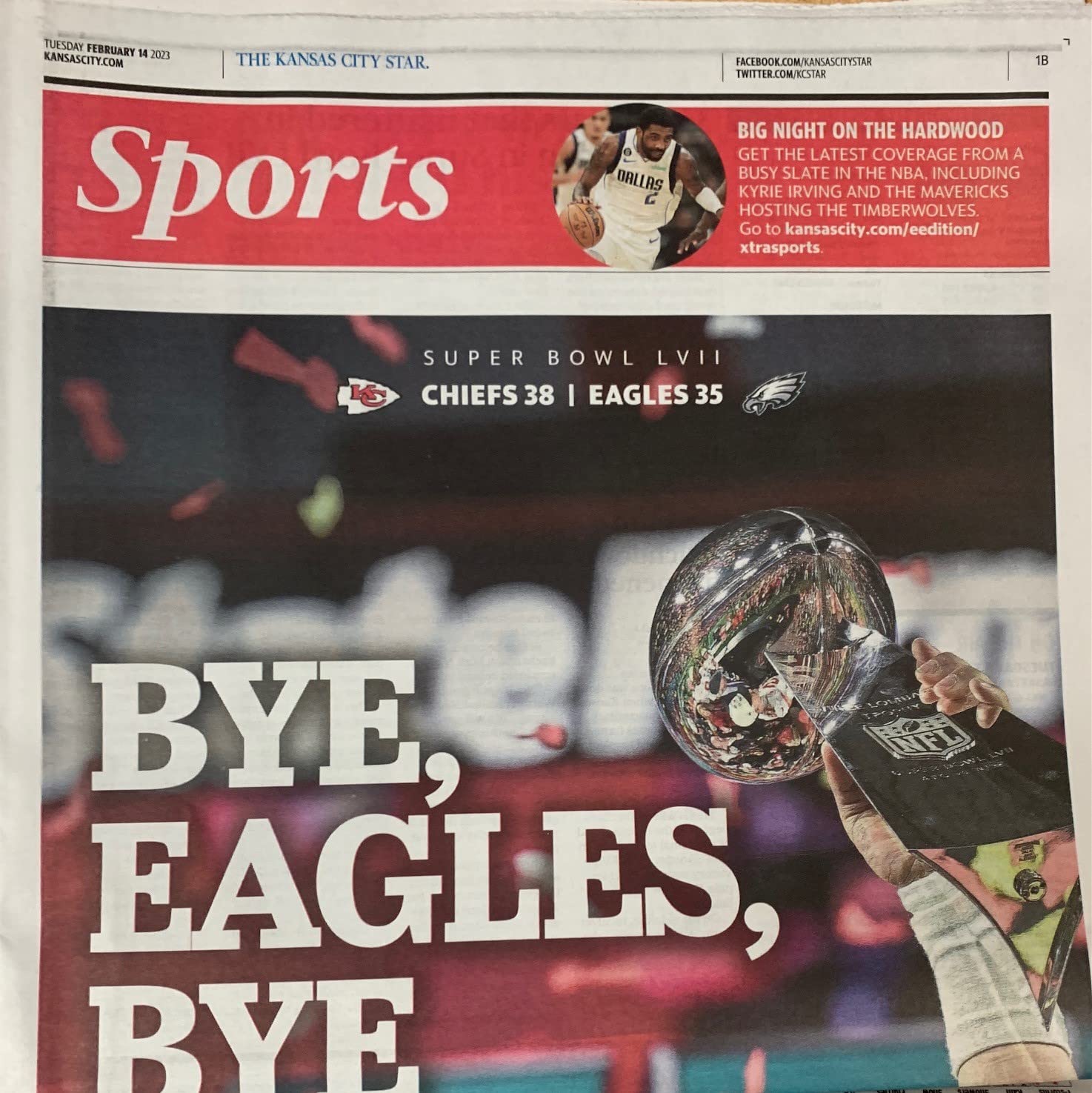 Kansas City Chiefs Super Bowl 57 LVII Champions Original Front Page KC Star Bye Eagles Bye 14x26 Framed Newspaper With Patrick Mahomes 2/14/23