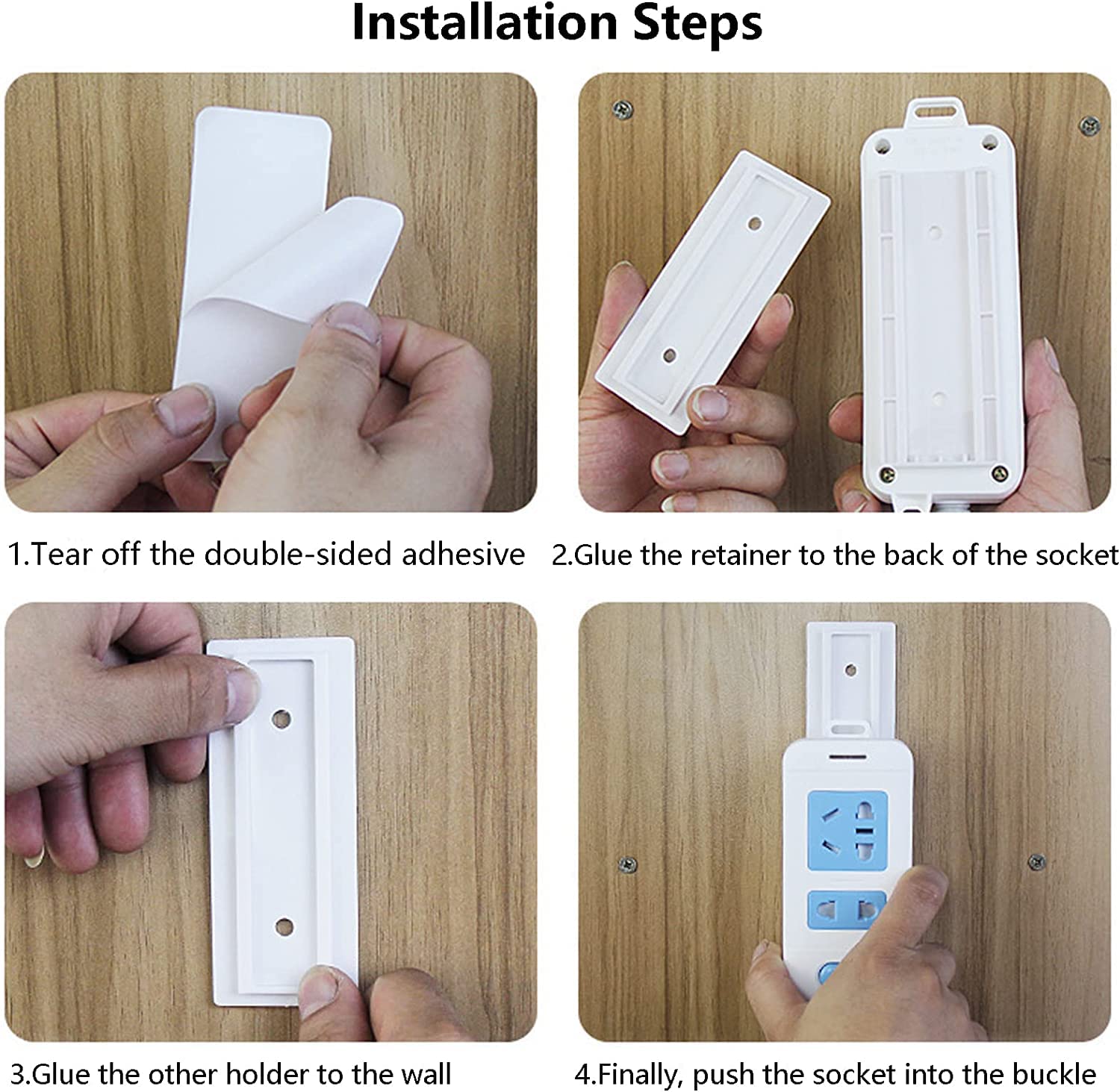 4 Pcs Self-Adhesive Desktop Socket Fixer, Adhesive Punch Free Socket Holder, Power Strip Holder Fixator, Plug-in Socket Holder for Desk (4PCS)