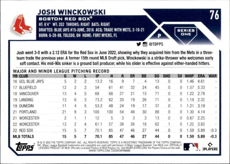 2023 TOPPS #76 JOSH WINCKOWSKI RC BOSTON RED SOX BASEBALL OFFICIAL TRADING CARD OF THE MLB