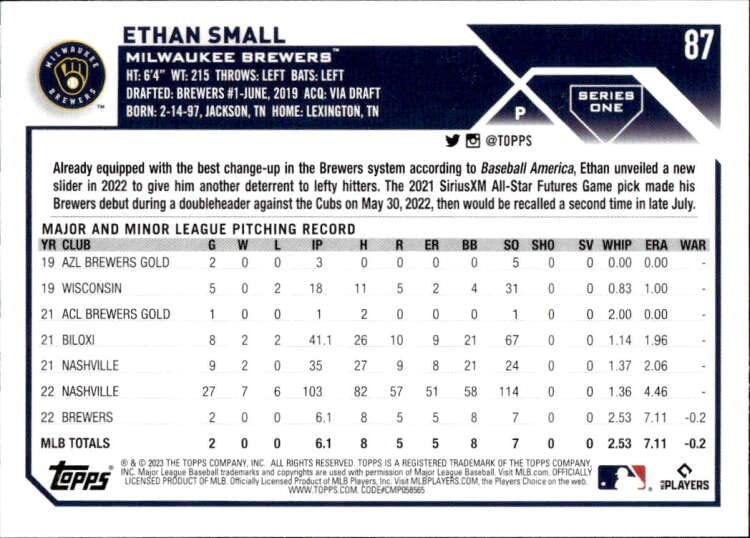 2023 TOPPS #87 ETHAN SMALL RC MILWAUKEE BREWERS BASEBALL OFFICIAL TRADING CARD OF THE MLB