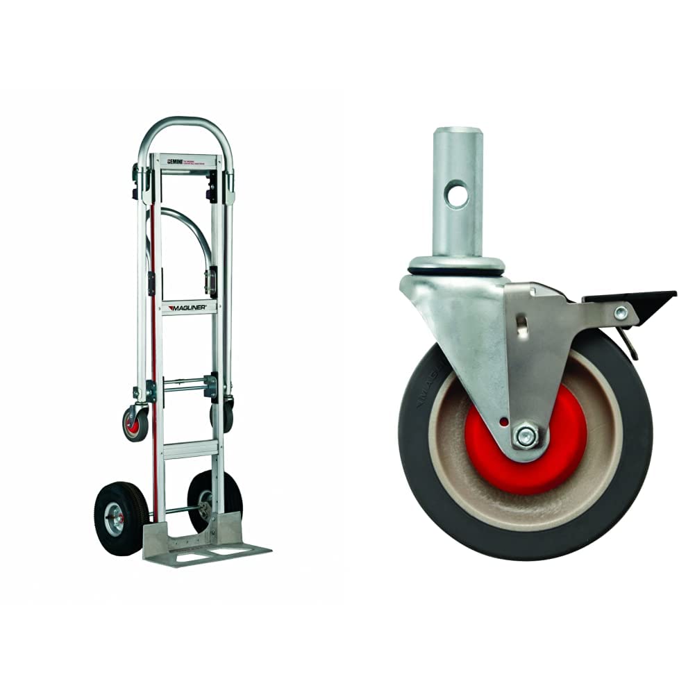 Magliner GMK81UA4 Gemini Sr Convertible Hand Truck, Pneumatic Wheels & 131020B 5" x 1-1/4" Polyurethane Replacement Swivel Caster with Brake for Gemini Convertible Hand Trucks, 5" D, 1-1/4" Wide