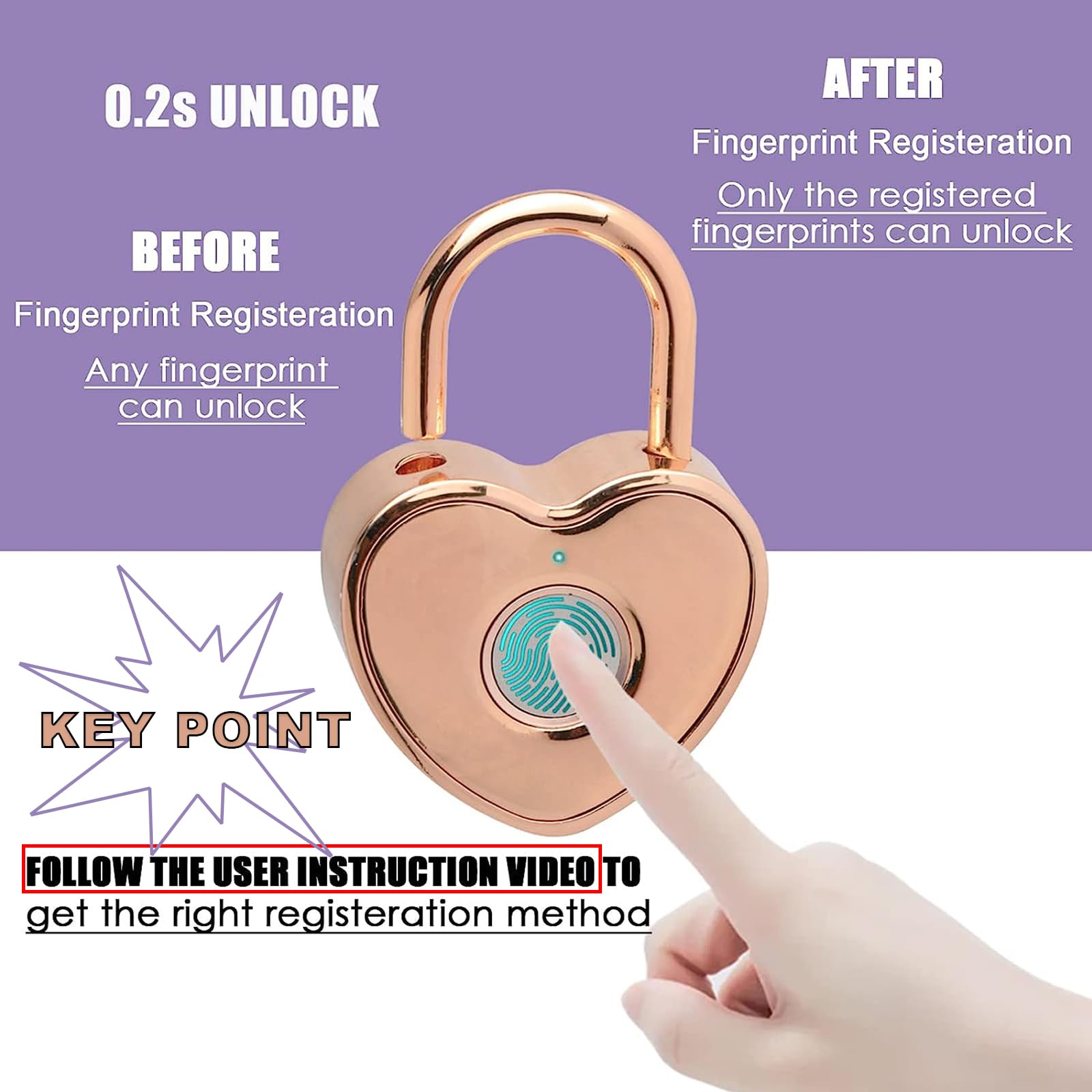 Tcyoatoa Heart Shaped Fingerprint Padlock, Small Smart Padlock for Gym Locker, Backpag, School, Mailbox, Travel Suitcase (Rose Gold)