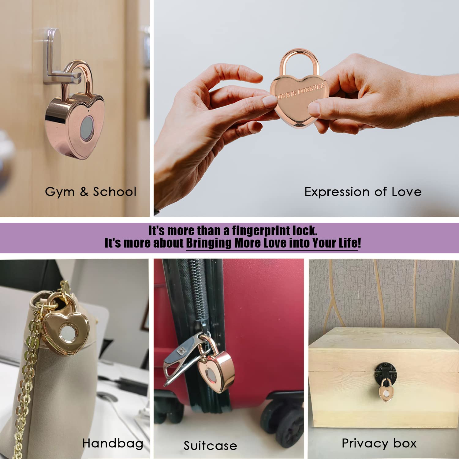 Tcyoatoa Heart Shaped Fingerprint Padlock, Small Smart Padlock for Gym Locker, Backpag, School, Mailbox, Travel Suitcase (Rose Gold)