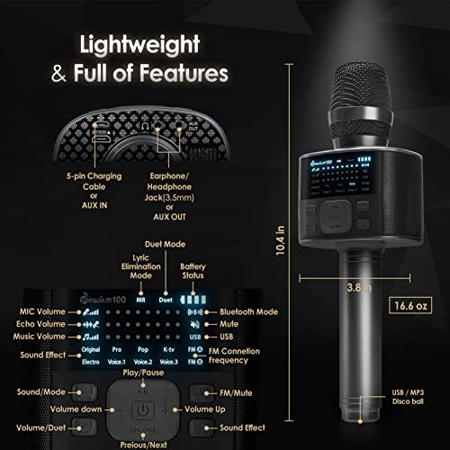 M100 - Bluetooth Karaoke Microphone - Carpool Karaoke Microphone - Bluetooth Microphone Wireless - Portable Handheld Karaoke Mic and Speaker with LED Screen - Wireless Microphones for Kids and Adults