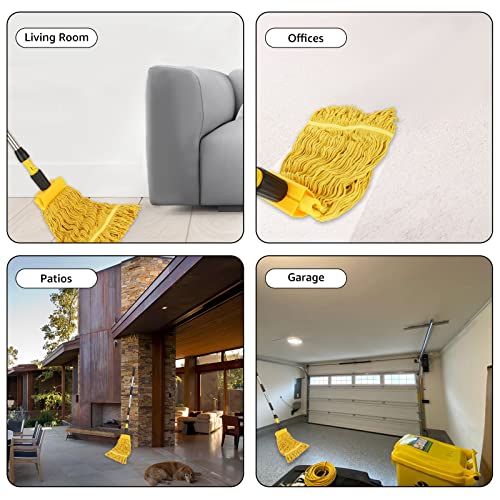 AKOLAFE Industrial Mop 3-Section Commercial Mop with 2Pcs Looped-End Mop Heads Floor Mop with Detachable Handle Clamp Cotton String Mops for Floor Cleaning Hardwood Marble Tile Laminate (Blue&Yellow)