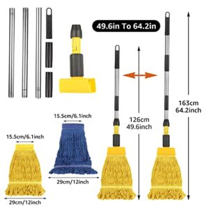 AKOLAFE Industrial Mop 3-Section Commercial Mop with 2Pcs Looped-End Mop Heads Floor Mop with Detachable Handle Clamp Cotton String Mops for Floor Cleaning Hardwood Marble Tile Laminate (Blue&Yellow)