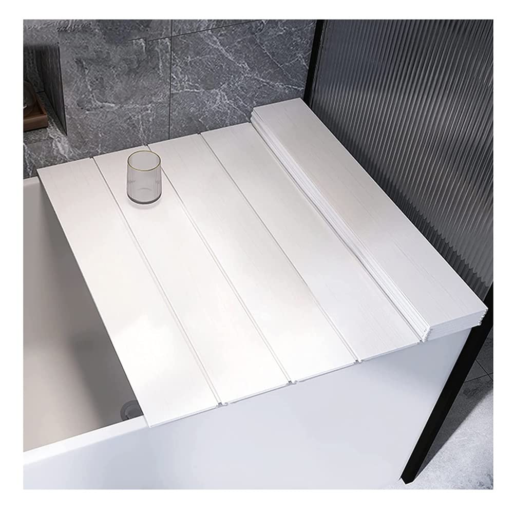 GRRICEPL Foldable Bathtub Cover, PVC Shutter Bath Lid - Dustproof Thermal Insulation, Tray Bearing 5kg - Place Wine Glasses, Books, Computers and Other Items (Color : White, Size : 160x70cm/63 x28)