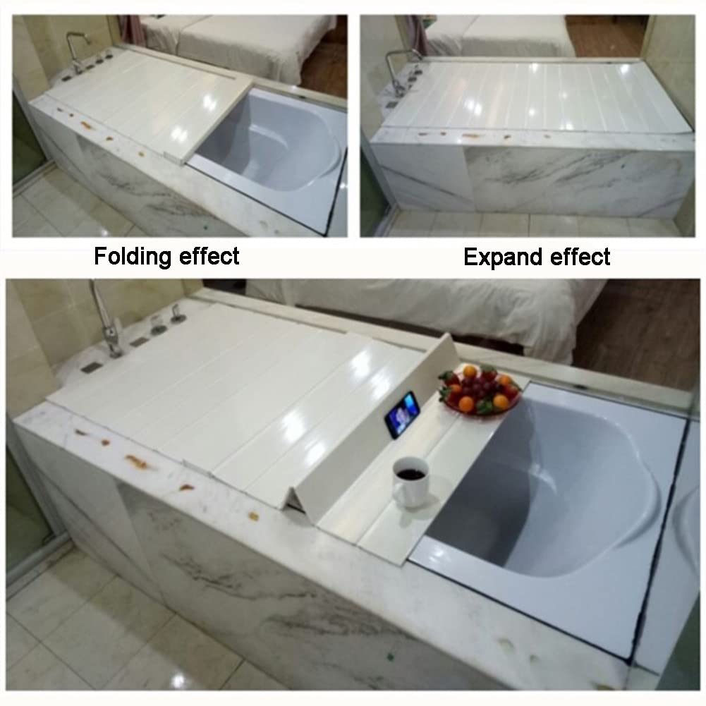 GRRICEPL Foldable Bathtub Cover, PVC Shutter Bath Lid - Dustproof Thermal Insulation, Tray Bearing 5kg - Place Wine Glasses, Books, Computers and Other Items (Color : White, Size : 160x70cm/63 x28)