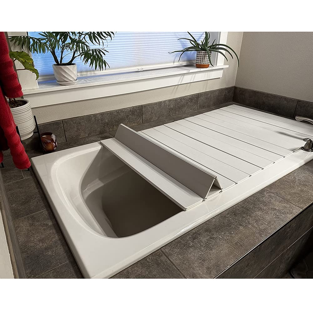 GRRICEPL Foldable Bathtub Cover, PVC Shutter Bath Lid - Dustproof Thermal Insulation, Tray Bearing 5kg - Place Wine Glasses, Books, Computers and Other Items (Color : White, Size : 160x70cm/63 x28)