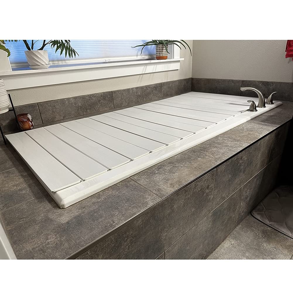 GRRICEPL Foldable Bathtub Cover, PVC Shutter Bath Lid - Dustproof Thermal Insulation, Tray Bearing 5kg - Place Wine Glasses, Books, Computers and Other Items (Color : White, Size : 160x70cm/63 x28)