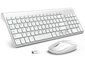 wireless keyboard and mouse combo with 7 colored backlits, wrist rest, rechargeable ergonomic keyboard with phone holder, silent lighted full size combo for window, mac, pc, laptop (silver and white)
