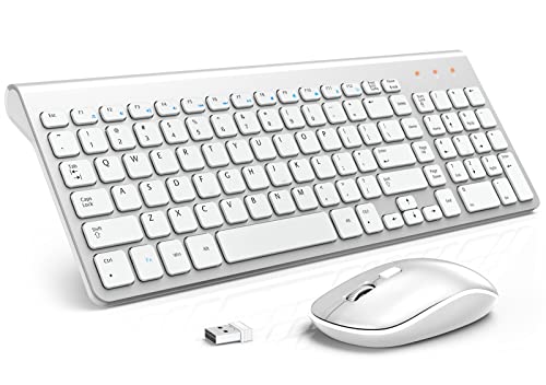 Wireless Keyboard and Mouse Combo with 7 Colored Backlits, Wrist Rest, Rechargeable Ergonomic Keyboard with Phone Holder, Silent Lighted Full Size Combo for Window, Mac, PC, Laptop (Silver and White)