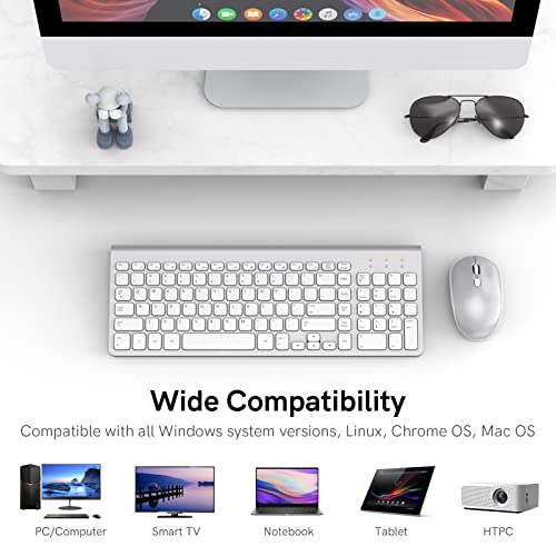 Wireless Keyboard and Mouse Combo with 7 Colored Backlits, Wrist Rest, Rechargeable Ergonomic Keyboard with Phone Holder, Silent Lighted Full Size Combo for Window, Mac, PC, Laptop (Silver and White)