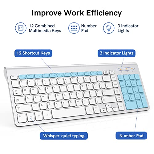 Wireless Keyboard and Mouse Combo with 7 Colored Backlits, Wrist Rest, Rechargeable Ergonomic Keyboard with Phone Holder, Silent Lighted Full Size Combo for Window, Mac, PC, Laptop (Silver and White)