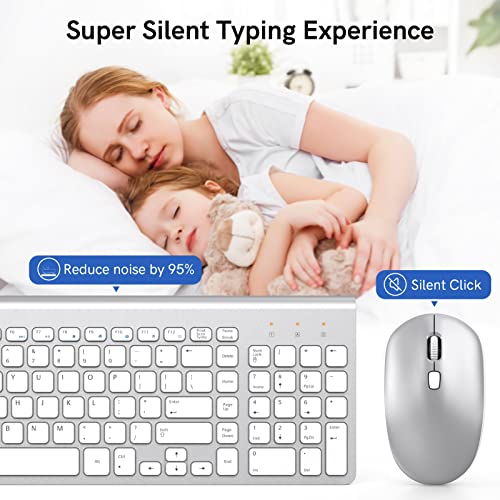 Wireless Keyboard and Mouse Combo with 7 Colored Backlits, Wrist Rest, Rechargeable Ergonomic Keyboard with Phone Holder, Silent Lighted Full Size Combo for Window, Mac, PC, Laptop (Silver and White)