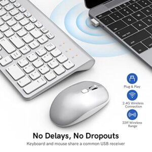Wireless Keyboard and Mouse Combo with 7 Colored Backlits, Wrist Rest, Rechargeable Ergonomic Keyboard with Phone Holder, Silent Lighted Full Size Combo for Window, Mac, PC, Laptop (Silver and White)