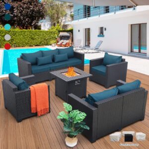 patio furniture set 31-inch fire pit 5-piece outdoor furniture sets patio couch outdoor chairs 50000 btu steel propane fire pit table with no-slip cushions and waterproof covers, peacock blue