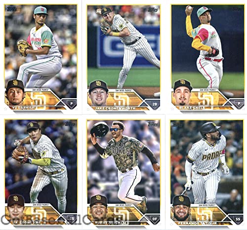 2023 Topps Series 1 San Diego Padres Team Set of 10 Cards: Juan Soto(#1), Brandon Drury(#14), Fernando Tatis Jr.(#23), Trent Grisham(#26), Jorge Alfaro(#46), Ha-Seong Kim(#57), Blake Snell(#208), Jake Cronenworth(#224), Yu Darvish(#279), Jorge Alfaro(#303