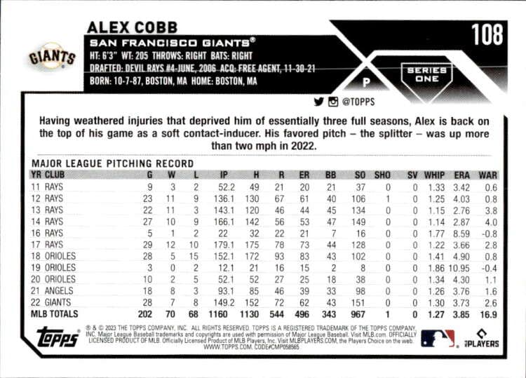 2023 TOPPS #108 ALEX COBB SAN FRANCISCO GIANTS BASEBALL OFFICIAL TRADING CARD OF THE MLB