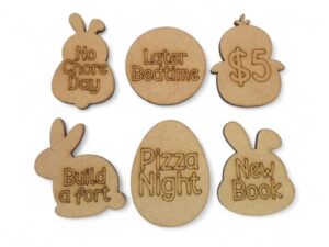 easter egg tokens 30ct with gift bag, personalized tokens available, real wood with 30 different engraved sayings, 6 designs, natural color, easter tokens for kids, activity token (custom token)