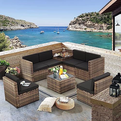 KROFEM 8 Pieces Patio Rattan Furniture Set with Hidden Storage, 7 Sofa Sections, Outdoor Wicker Conversation Set, Natural Color Rattan with Dark Grey Cushion