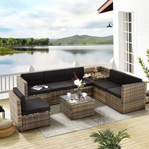 KROFEM 8 Pieces Patio Rattan Furniture Set with Hidden Storage, 7 Sofa Sections, Outdoor Wicker Conversation Set, Natural Color Rattan with Dark Grey Cushion