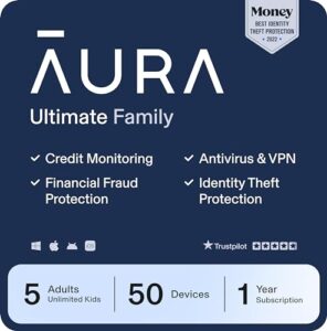 aura ultimate online safety suite | internet security & identity protection software | antivirus, vpn, password manager, dark web monitoring | family plan, 1 year prepaid subscription [online code]