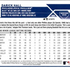 2023 TOPPS #209 DARICK HALL RC PHILADELPHIA PHILLIES BASEBALL OFFICIAL TRADING CARD OF THE MLB