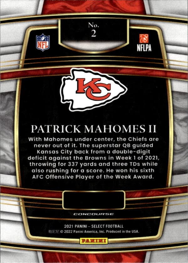 2021 PANINI SELECT #2 PATRICK MAHOMES II CONCOURSE KANSAS CITY CHIEFS FOOTBALL OFFICIAL TRADING CARD OF THE NFL