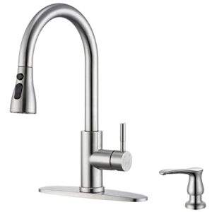 brushed nickel pull down kitchen faucet with soap dispenser - high arc 3-function pull out kitchen faucet, stainless steel kitchen sink faucet with pull down sprayer single hole single handle