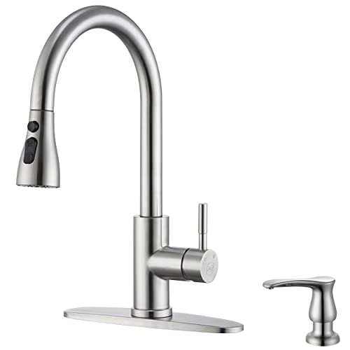 Brushed Nickel Pull Down Kitchen Faucet with Soap Dispenser - High Arc 3-Function Pull Out Kitchen Faucet, Stainless Steel Kitchen Sink Faucet with Pull Down Sprayer Single Hole Single Handle